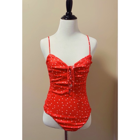 NWT ZARA Bodysuit Lace Up Satin Effect Red & White Stars Sleeveless High Cut S - Picture 8 of 11